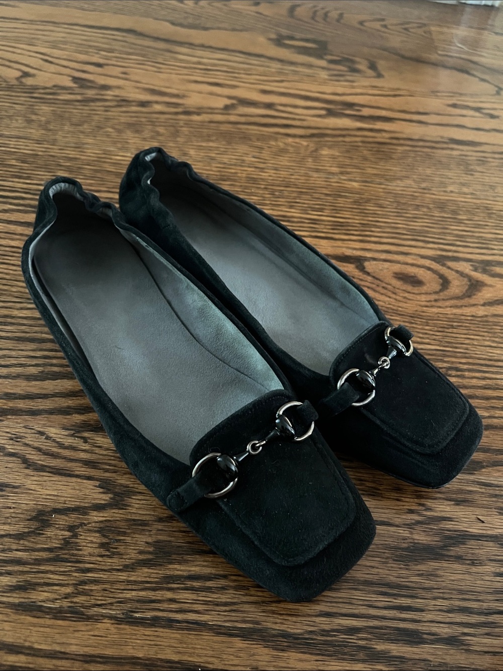 Stuart Weitzman Black Suede Loafers with Silver Bit Detail